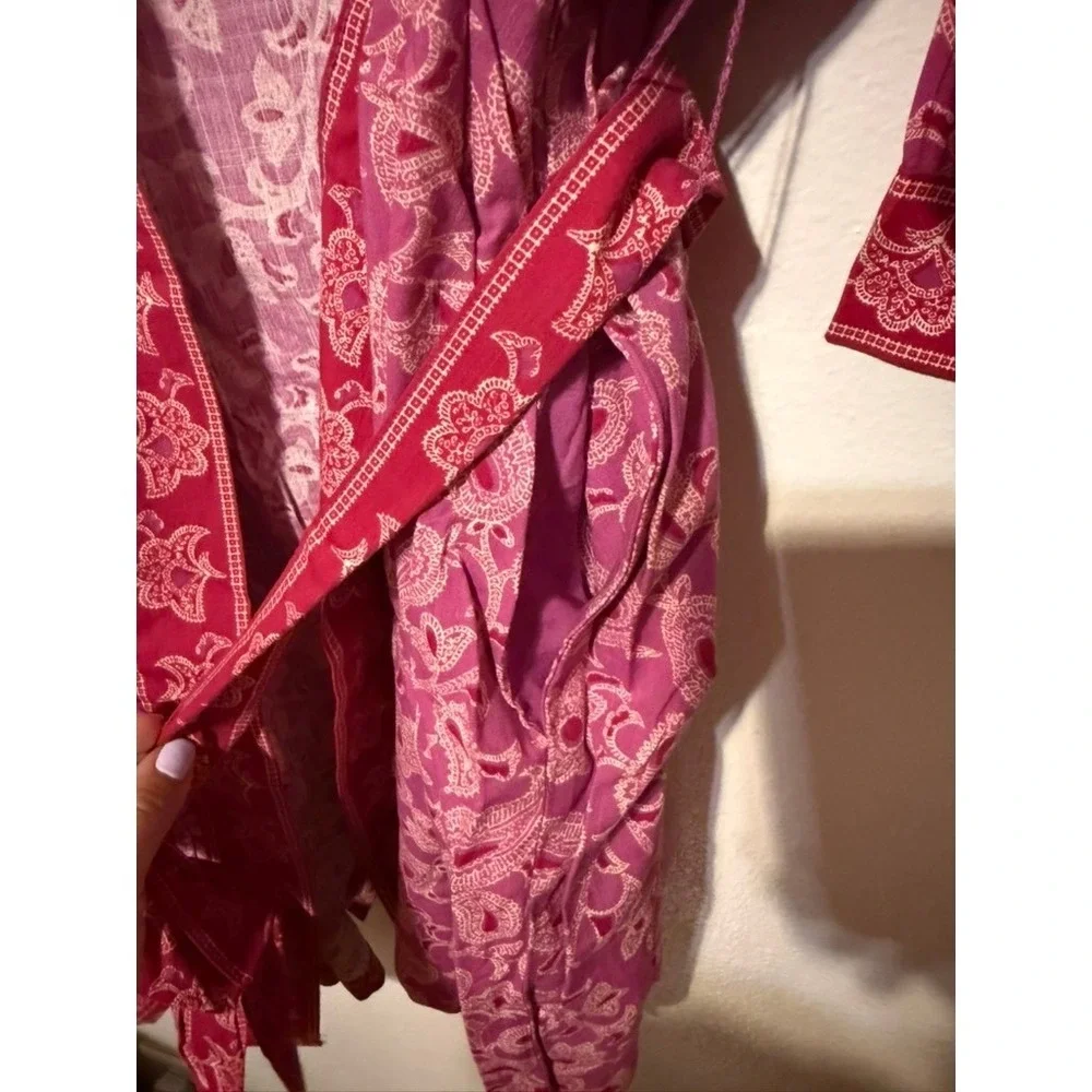 Knox Rose Boho Magenta Paisley Print Kimono Robe Pink Tie Waist Plus Size 3X-4X